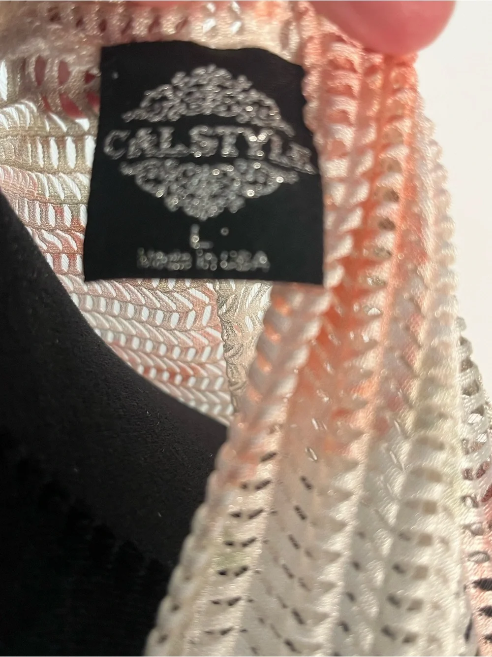 CALstyle White and Peach Open-Weave Draped Cardigan